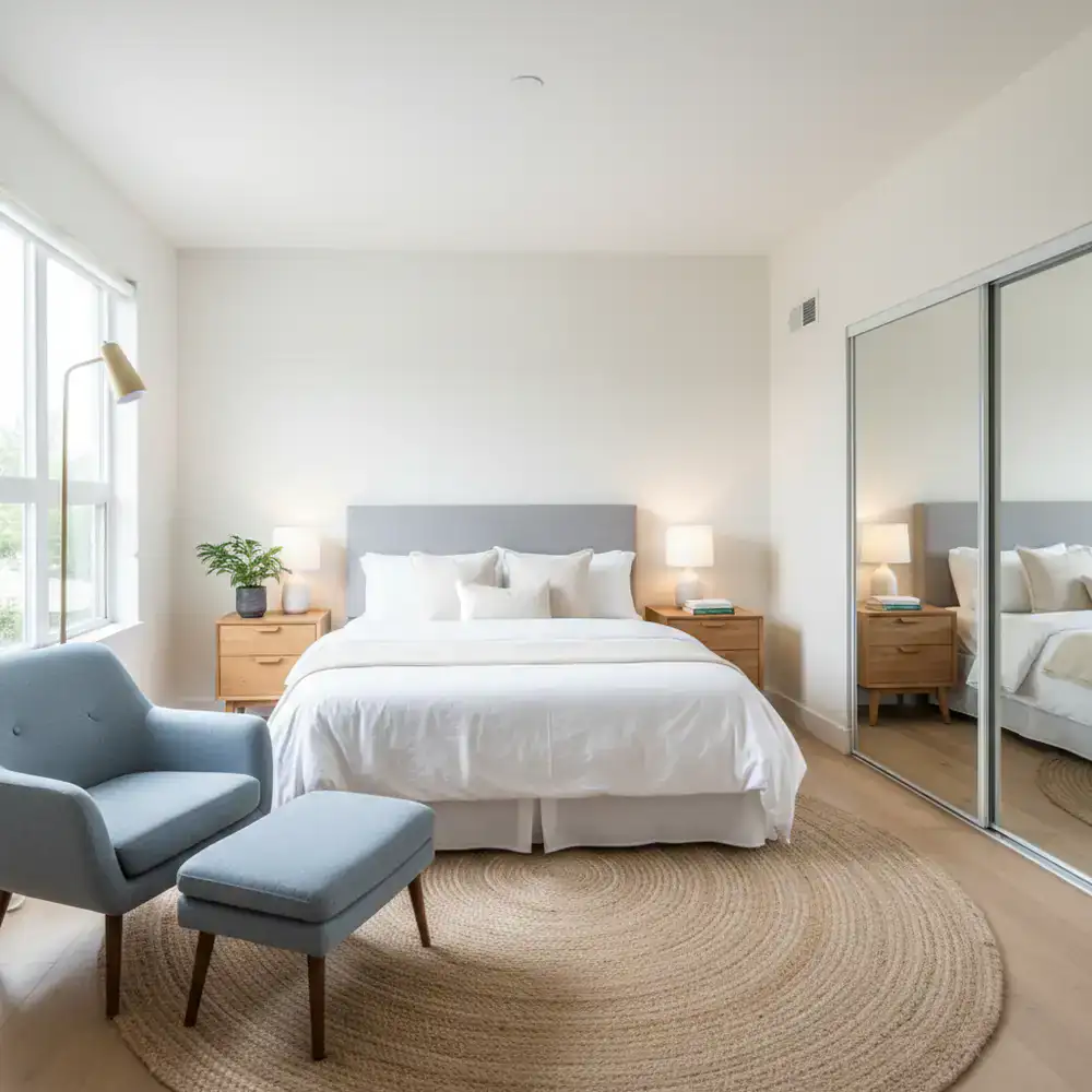 Pristine rental bedroom after professional cleaning