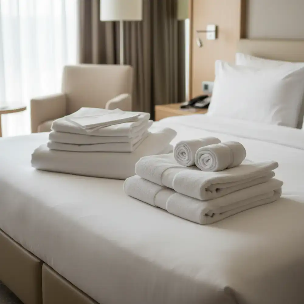 Freshly folded hotel-quality towels and linens placed neatly on a bed