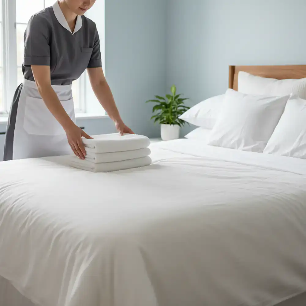 Housekeeper folding a fresh white towel on a neatly made bed